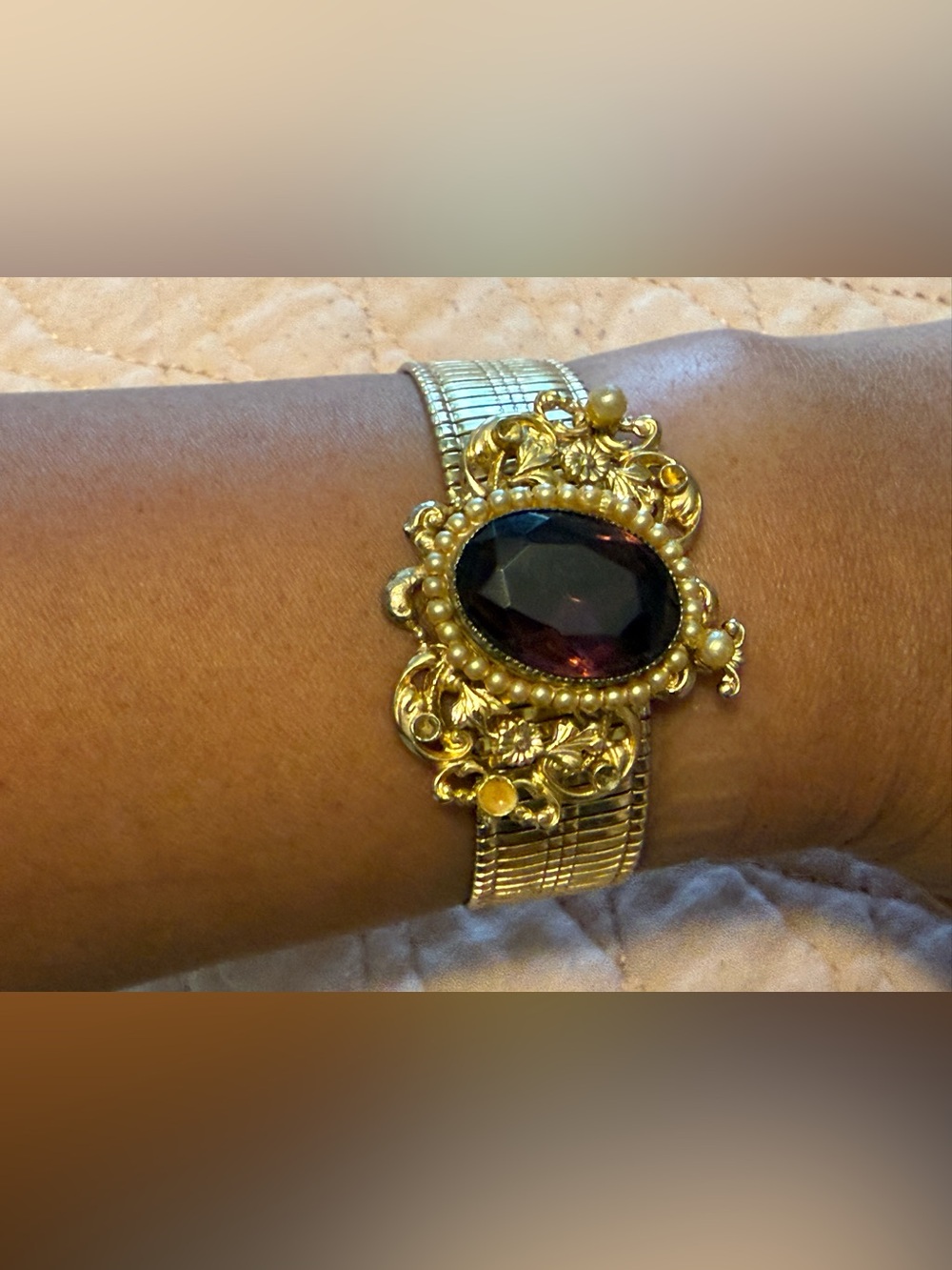 Vintage Coro Gold-Tone Bracelet with Deep Purple Center Stone and Pearl Accents